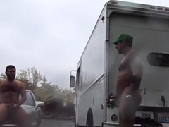 Guys Very Public Rainy Stroking in parking lot